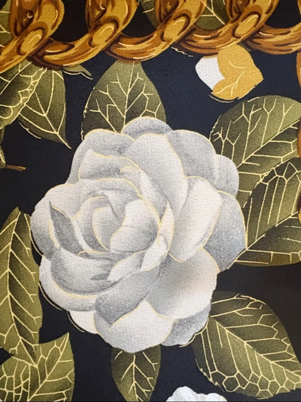 Vintage Chanel Camellia Print Silk Scarf. Black, Gold and White.